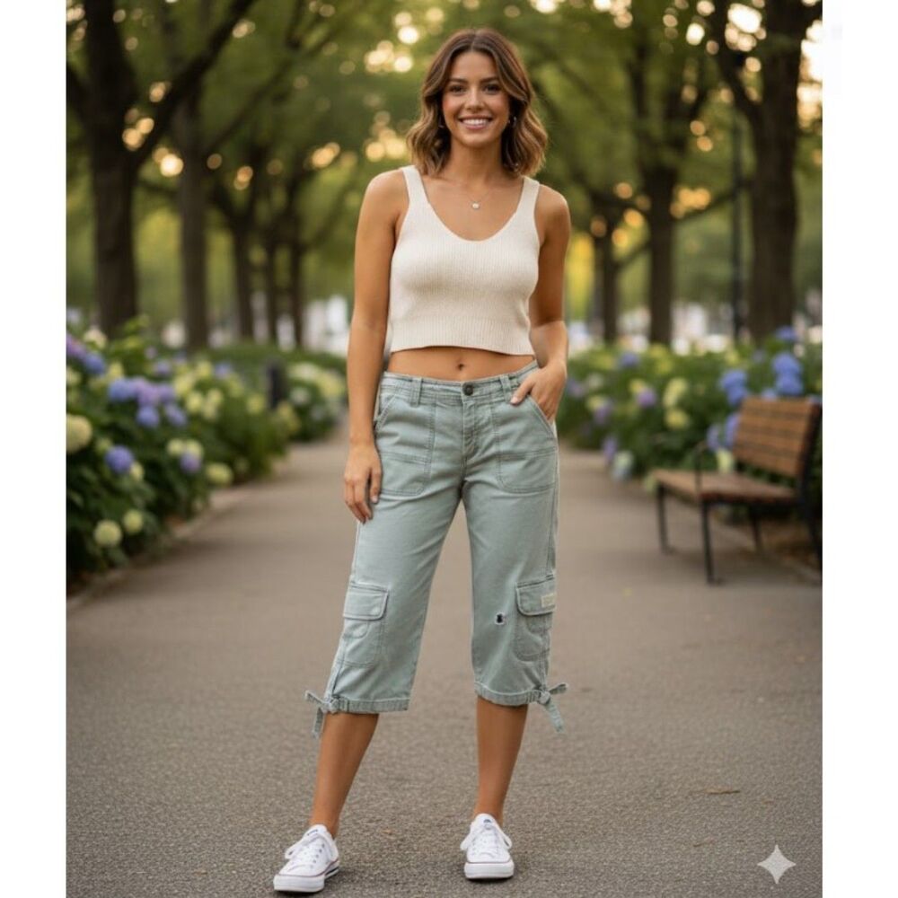 American Eagle Outfitters Capri Cargo Pants Army Green Womens Size 6 - Picture 1 of 7